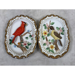 Homco Vintage 3D Bird Wall Plaques - Set of 2 - Cardinal and Sparrow? Birds